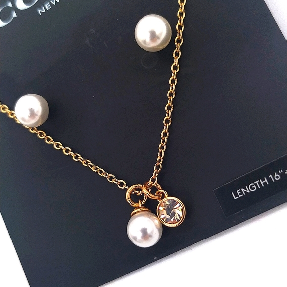 COACH Glass Pearl and Pave CZ Necklace Earrings set in Gold NWT $125 - Picture 2 of 6